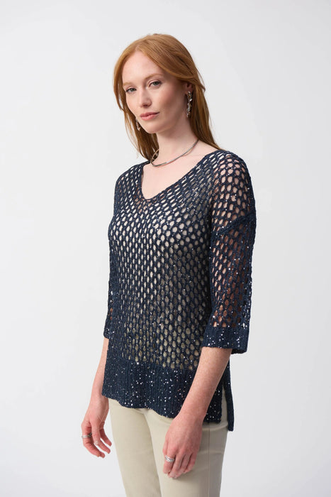 Joseph Ribkoff Sequined V-Neck Crochet Top 241922