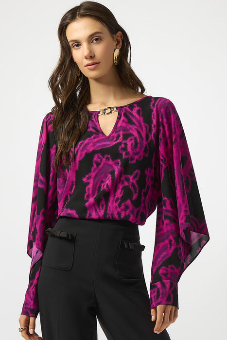 Joseph Ribkoff 253086 Black/Cosmos Paisley Print Georgette Long Cuffed Sleeves Top