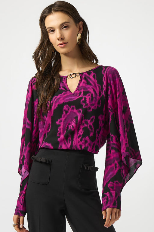 Joseph Ribkoff 253086 Black/Cosmos Paisley Print Georgette Long Cuffed Sleeves Top