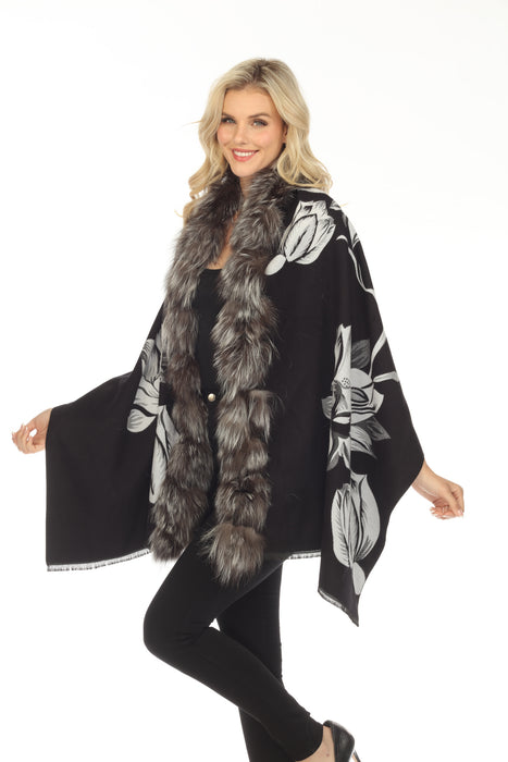 Belle Fare Real Silver Fox Trim Cashmere Blend Floral Wrap Cover-Up MS20