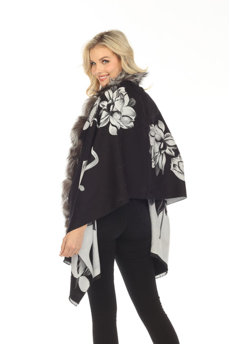 Belle Fare Real Silver Fox Trim Cashmere Blend Floral Wrap Cover-Up MS20