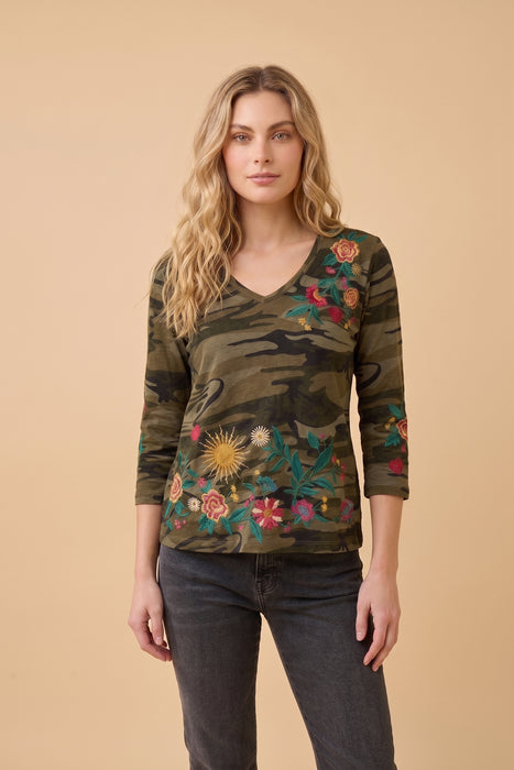 Johnny Was Ziviana 3/4 Sleeve Trapunto V-Neck Tee J19126-R