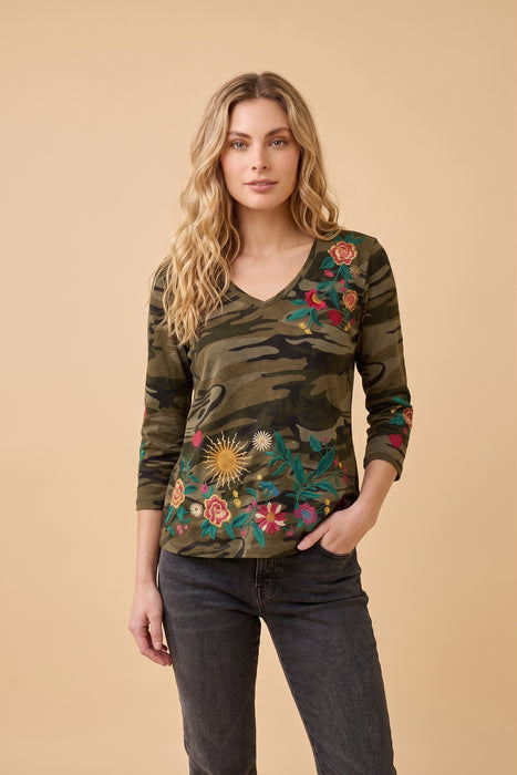 Johnny Was Ziviana 3/4 Sleeve Trapunto V-Neck Tee J19126-R