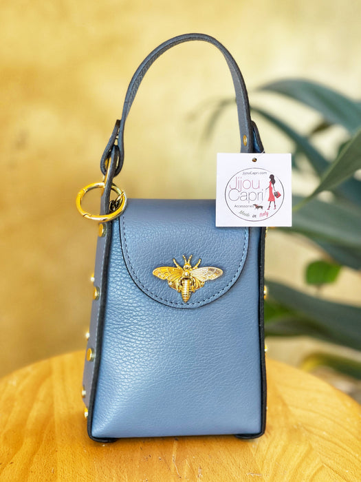 Jijou Capri Denim Blue Bumblebee Leather Cellphone Case Bag NEW
