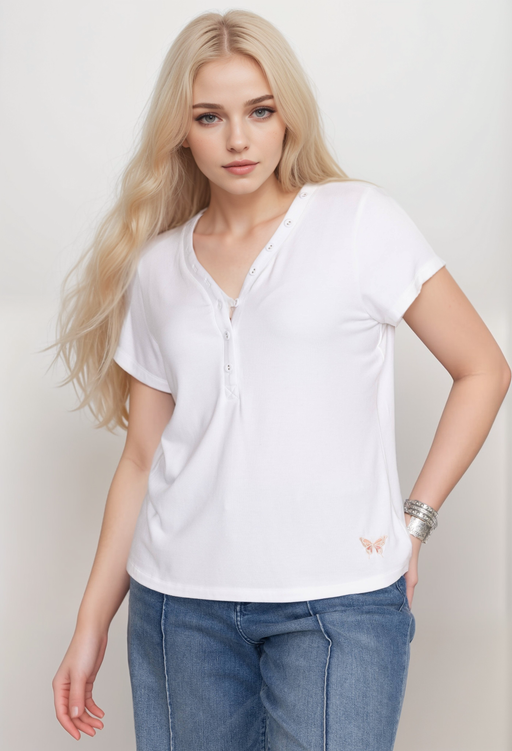 Acquista Top con maniche svasate e scollo a V con bottoni T-shirt manica a 3/4 con stampa Acquista Top con maniche svasate e scollo a V con bottoni T-shirt manica a 3/4 con stampa