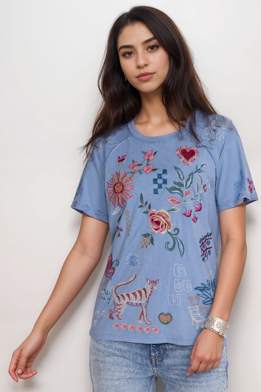 Johnny Was J15724 Carmene Raw Detail Cotton Raglan Tee