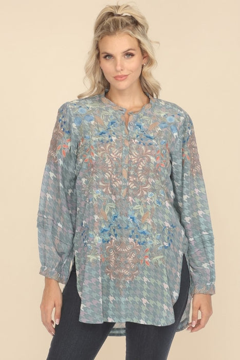 Johnny Was Biya Houndstooth Embroidered Tunic Blouse B23623A8 Boho Chic