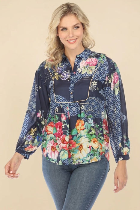Johnny Was Fanny Ailana Silk Floral Blouse Boho Chic C11624B2