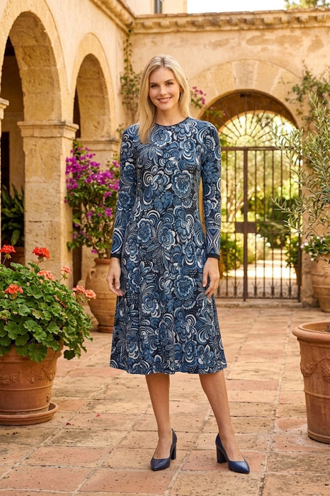 Johnny Was JWLA Blue Floral Long Sleeve Midi Dress T37524-E