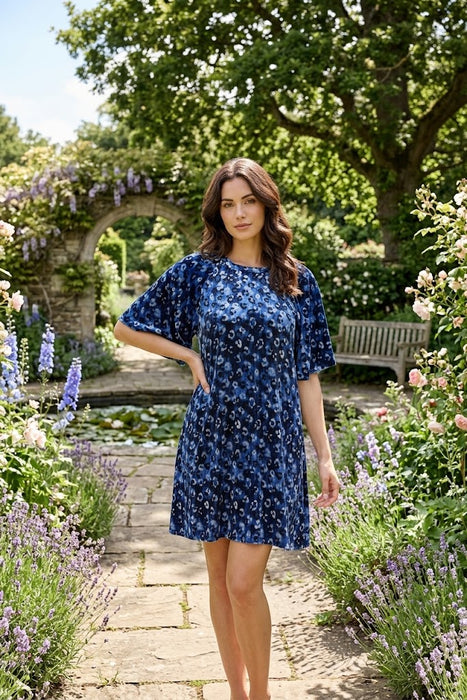 Johnny Was JWLA Blue Iris Leopard Velvet Flutter Sleeve Raglan Dress Boho Chic J33924