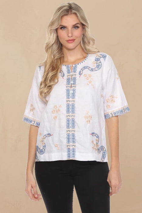 Johnny Was JWLA Split Neck Button Linen Blouse J15124 *