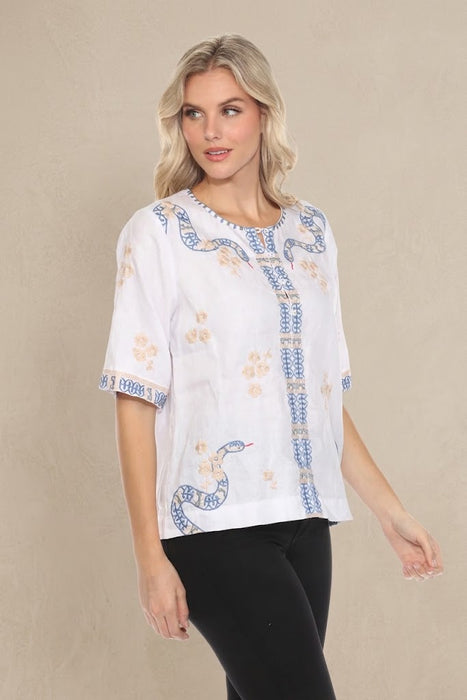Johnny Was JWLA Split Neck Button Linen Blouse J15124 *