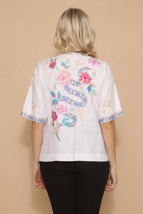 Johnny Was JWLA Split Neck Button Linen Blouse J15124 *