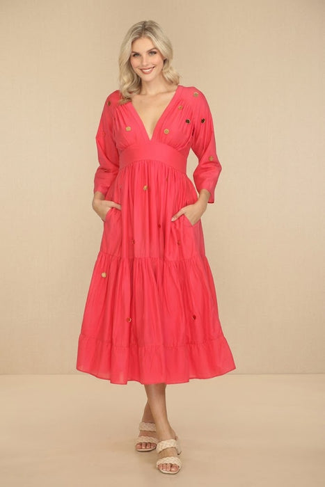 Johnny Was Jade Pink Adena Dotted Tiered Midi Dress L35624