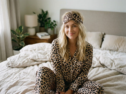 A woman with blonde hair sits on a bed wearing a matching leopard-print pajama set and sleep mask. The set features a classic leopard pattern with black spots on a tan and brown base.