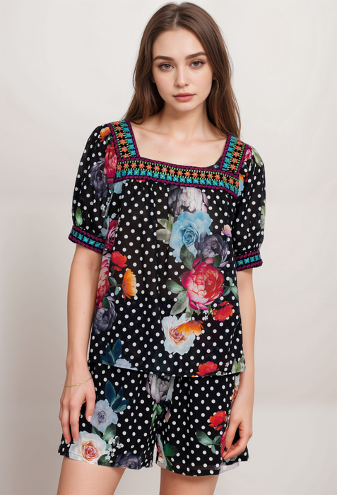 Johnny Was W18523 Polkalona Square Neck Park Blouse