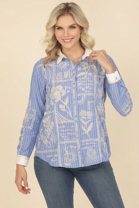 Johnny Was Workshop Stripe Botanique Double Button Oversized Shirt W18324 Boho Chic