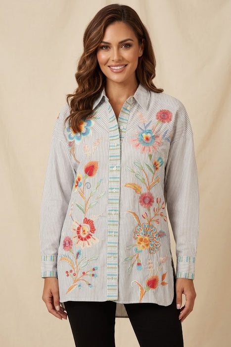Johnny Was Workshop Stripe Joele Bias Yoke Shirt Tunic Top W29624 Boho Chic