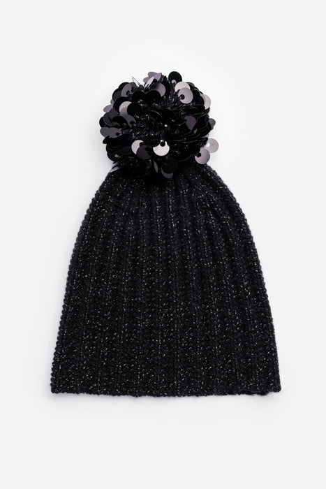 Johnny Was Black Pom Pom Sequins Beanie M64125