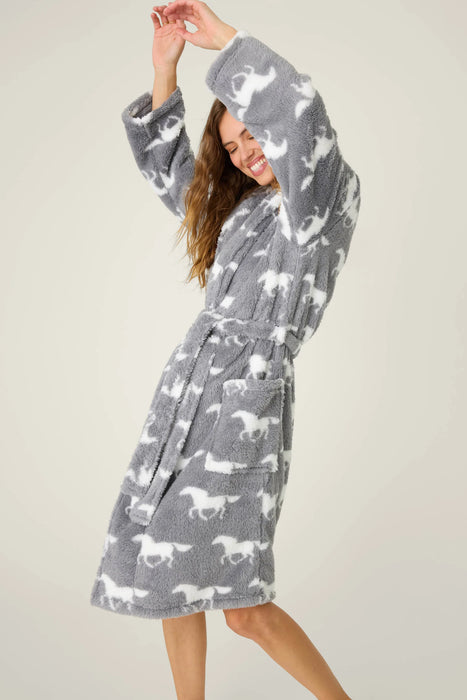 PJ Salvage Gray Let's Get Cozy Plush Horse Print Robe RUCOR