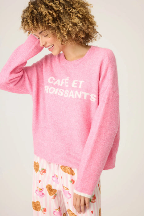PJ Salvage Bright Pink Cafe Et Croissants Snuggle Sweater RUFLLS