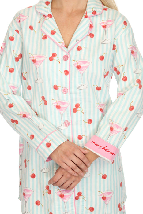PJ Salvage Light Mint Ma Cherie Cherry Print Flannel Nightshirt Lounge Set RUFLNS/RUFLP