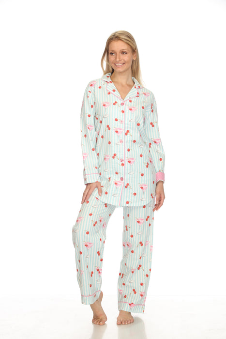 PJ Salvage Light Mint Ma Cherie Cherry Print Flannel Nightshirt Lounge Set RUFLNS/RUFLP