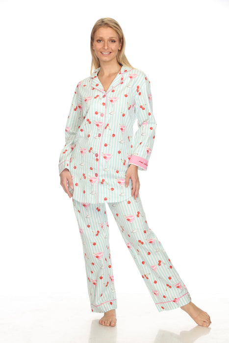 PJ Salvage Light Mint Ma Cherie Cherry Print Flannel Nightshirt Lounge Set RUFLNS/RUFLP