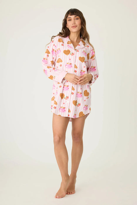 PJ Salvage Pink Brunch Club Breakfast Print Flannel Nightshirt RUFLNS