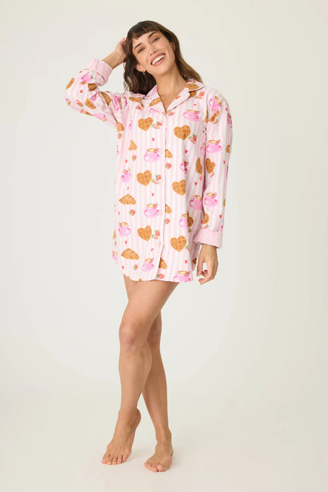 PJ Salvage Pink Brunch Club Breakfast Print Flannel Nightshirt RUFLNS