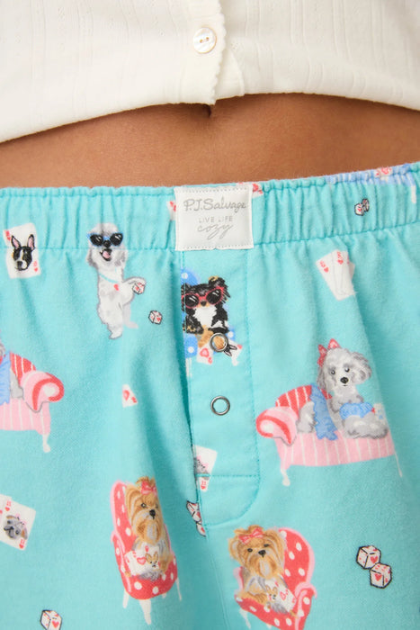 PJ Salvage Turquoise This Is How I Roll Dog Print Flannel Shorts RUFLS