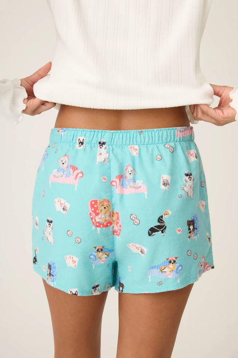 PJ Salvage Turquoise This Is How I Roll Dog Print Flannel Shorts RUFLS