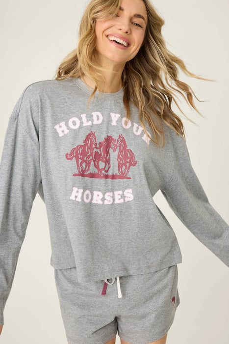 PJ Salvage Dark Heather Grey Hold Your Horses Horse Print  Short PJ Set RUHYST