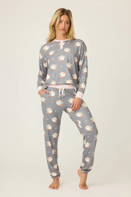 PJ Salvage Charcoal Love You A Latte Coffee Print Log Sleeve Pajama Set RULTLS1/RULTP