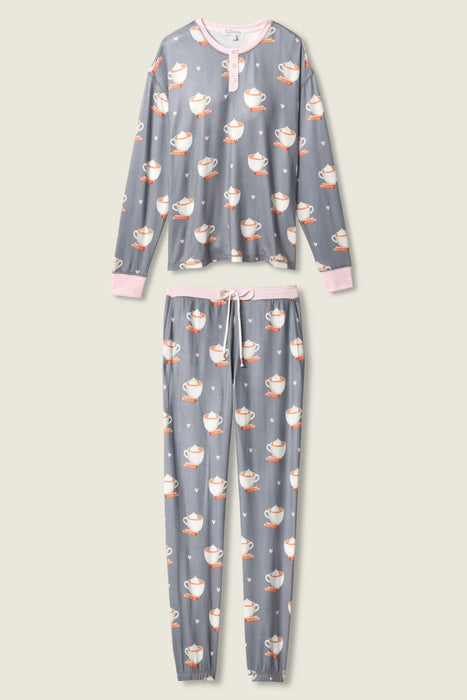 PJ Salvage Charcoal Love You A Latte Coffee Print Log Sleeve Pajama Set RULTLS1/RULTP