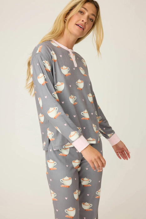 PJ Salvage Charcoal Love You A Latte Coffee Print Log Sleeve Pajama Set RULTLS1/RULTP