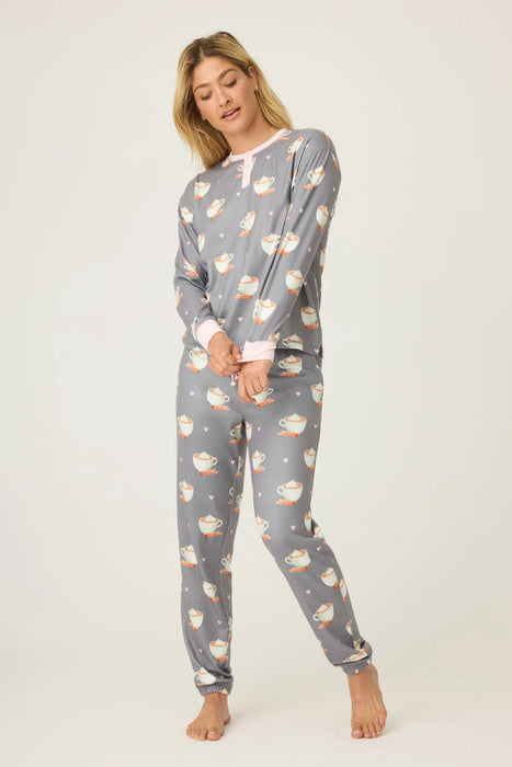 PJ Salvage Charcoal Love You A Latte Coffee Print Log Sleeve Pajama Set RULTLS1/RULTP