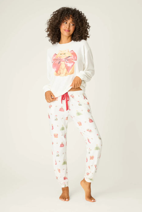 PJ Salvage Ivory Feline Festive Cat Print Banded Pants RVFFP