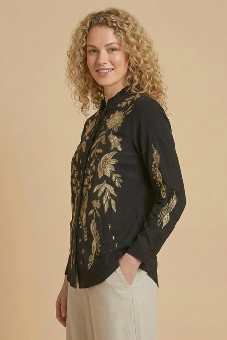 Johnny Was Black Chiarra Button Up Western Seamed Long Sleeve Ruffle Shirt W14724-9