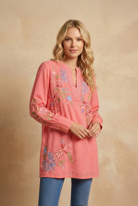 Johnny Was Sugar Coral Kamiko Henley Voyager Tunic W21825-3