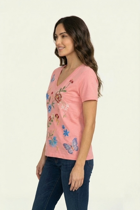 Johnny Was JWLA Salmon Rose Nicolette V-Neck Short Sleeve Tee J13625-5
