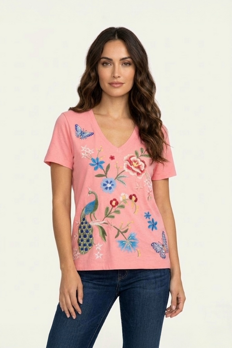 Johnny Was JWLA Salmon Rose Nicolette V-Neck Short Sleeve Tee J13625-5