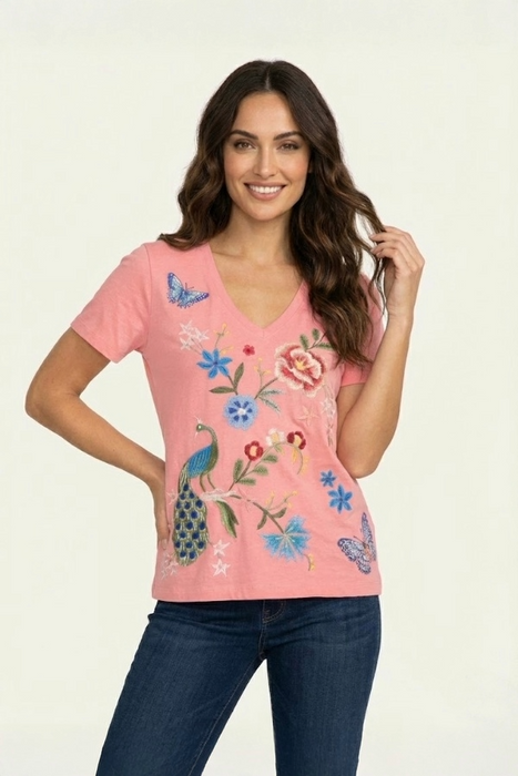 Johnny Was JWLA Salmon Rose Nicolette V-Neck Short Sleeve Tee J13625-5