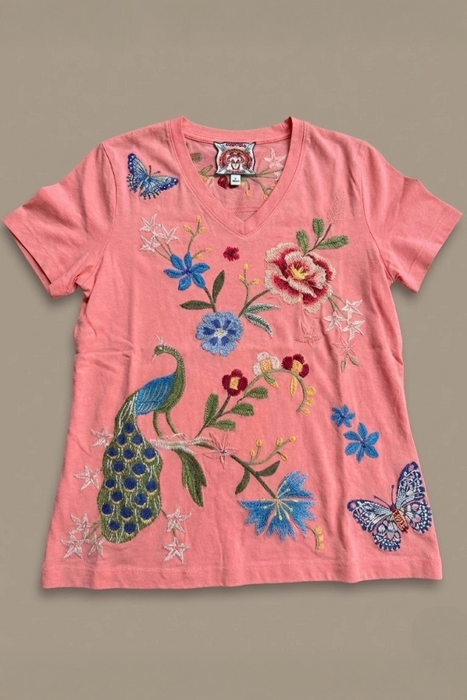 Johnny Was JWLA Salmon Rose Nicolette V-Neck Short Sleeve Tee J13625-5