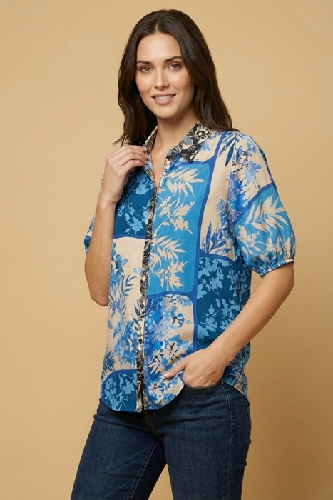 Johnny Was Blue Stitch Print Steph Button Up Blouse C13624A4