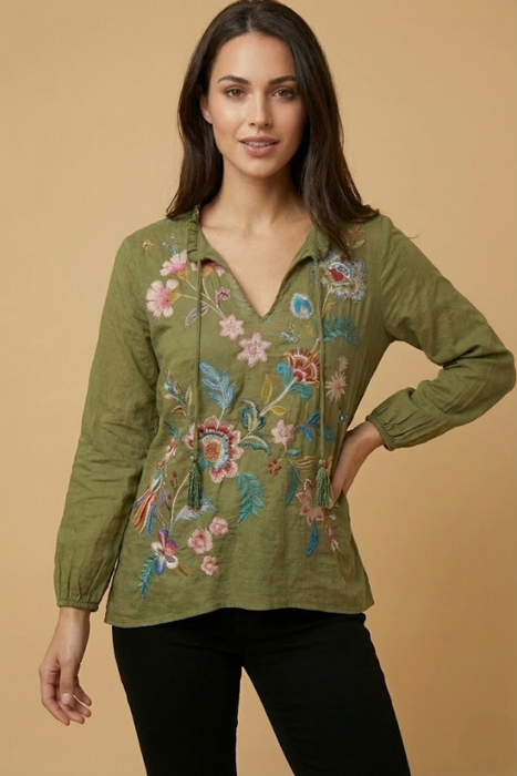 Johnny Was Green Malaya Moss Field 3/4 Long Sleeve Blouse W17324-E