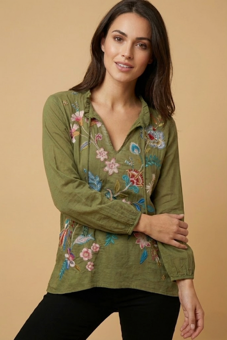 Johnny Was Green Malaya Moss Field 3/4 Long Sleeve Blouse W17324-E