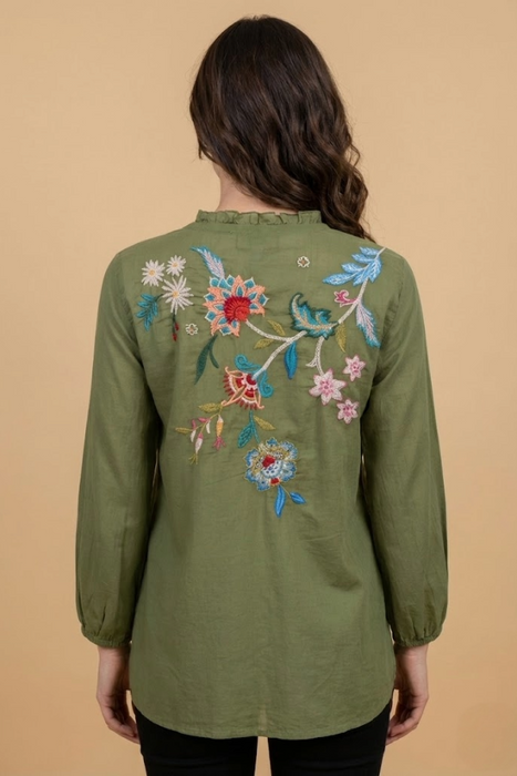 Johnny Was Green Malaya Moss Field 3/4 Long Sleeve Blouse W17324-E