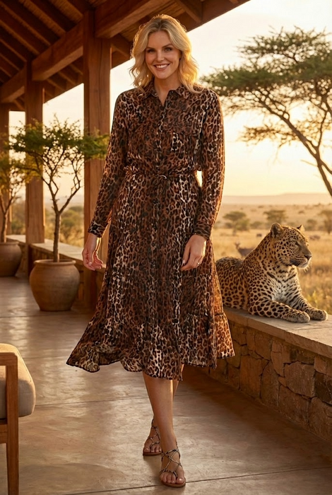 Johnny Was Workshop Leopard Western Tiered Silk Midi Dress Boho Chic W37624