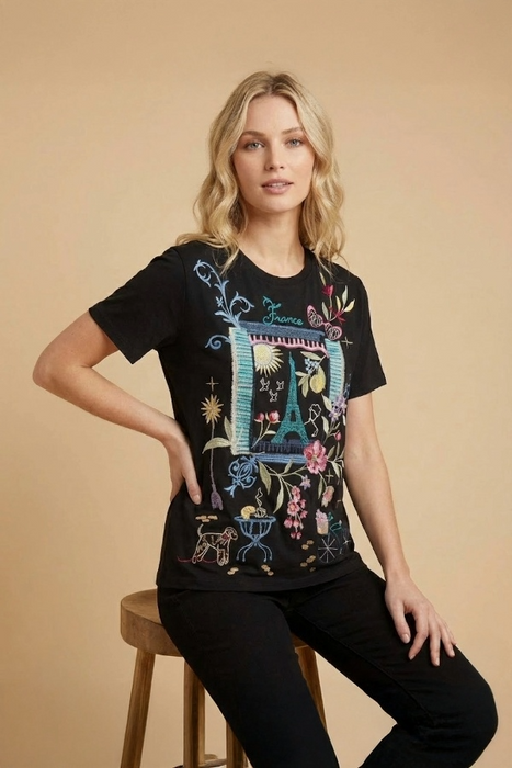 Johnny Was JWLA Black Paris Short Sleeve Crew Neck Tee J12225-3